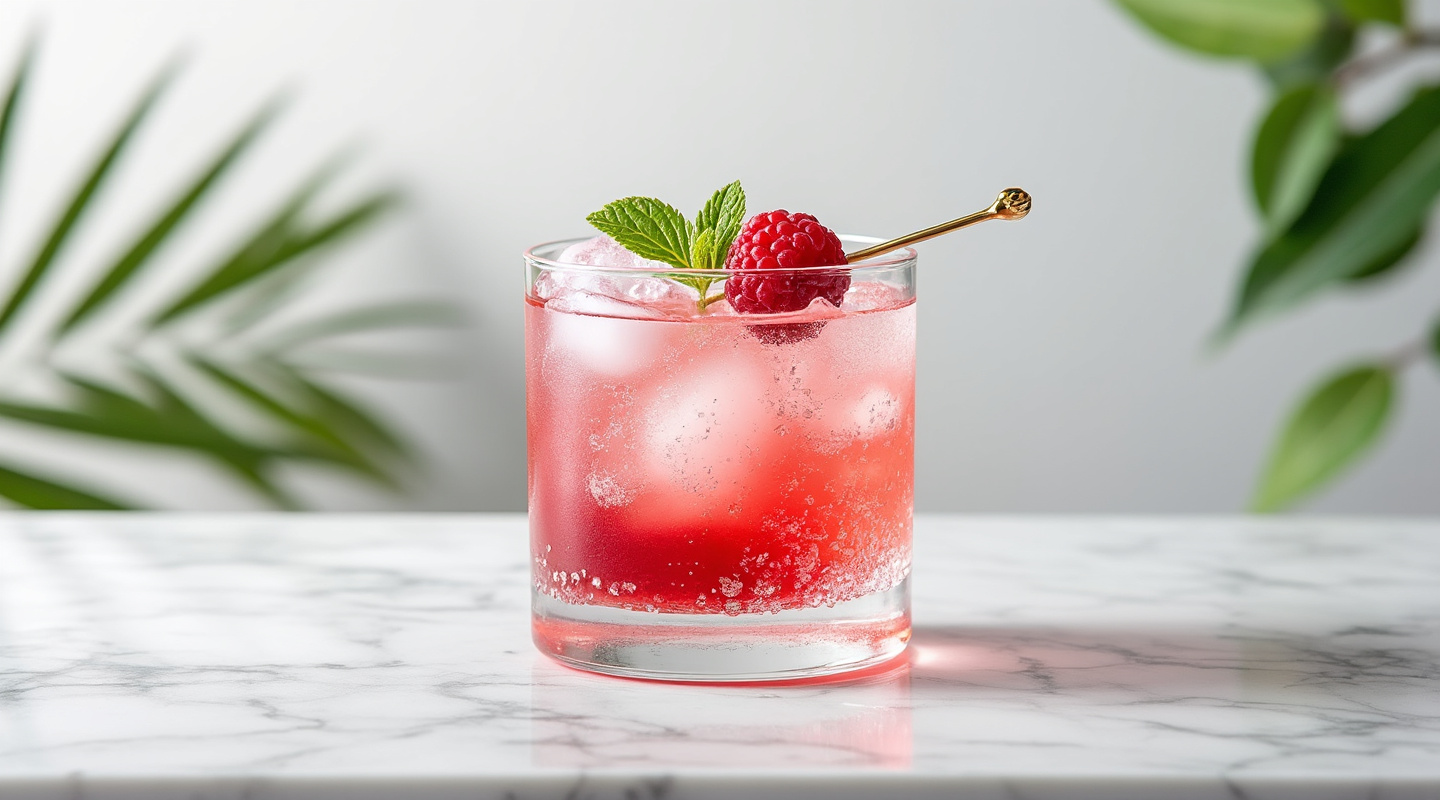 Cherryberry Cherub cocktail served with fresh raspberries