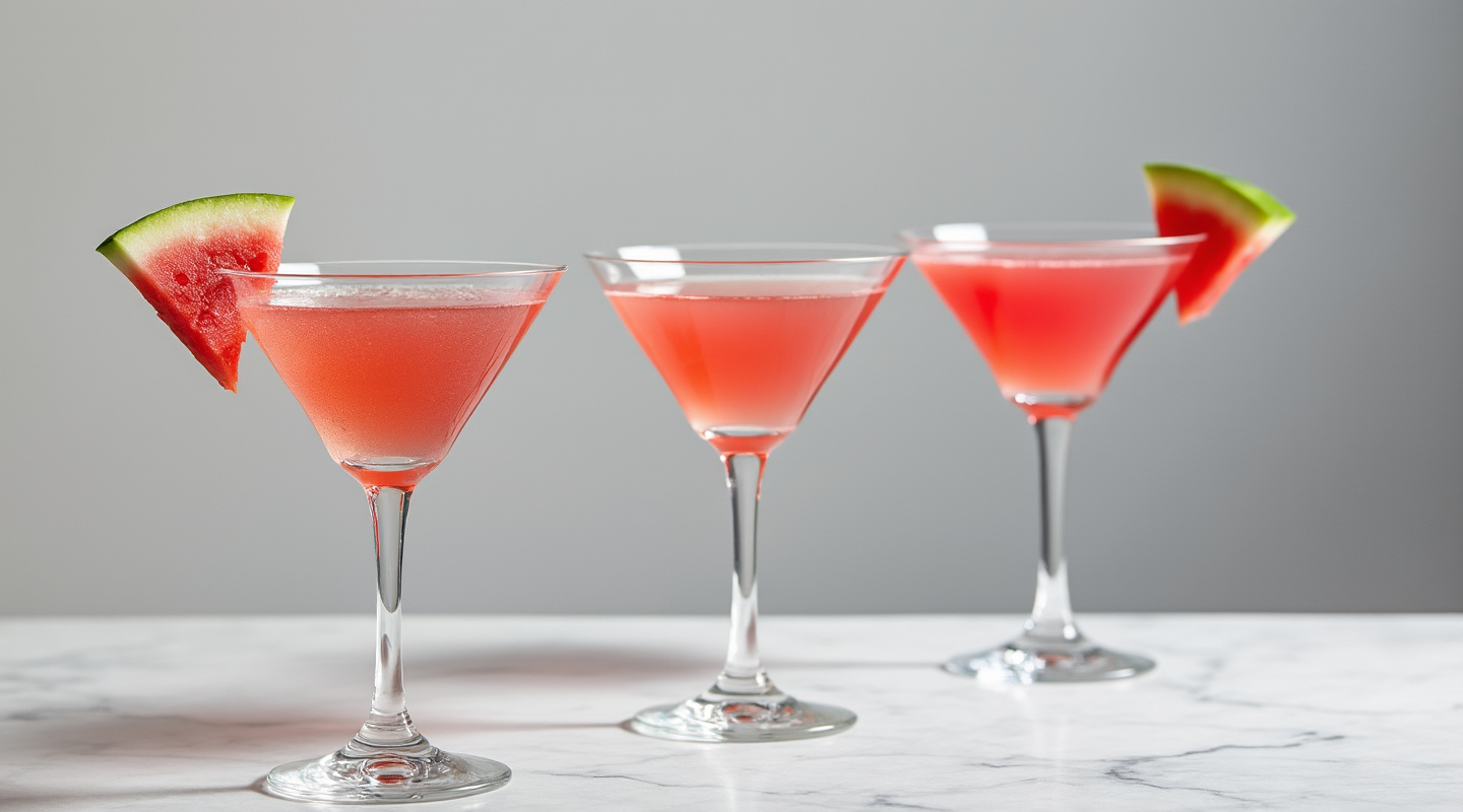 Watermelon Fruitini served in a martini glass with a watermelon wedge garnish