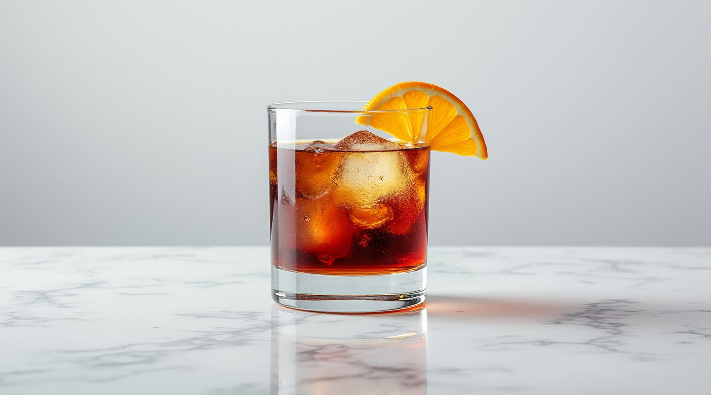 A rich and enticing Chocolate Negroni cocktail in an Old-fashioned glass with an orange slice garnish.
