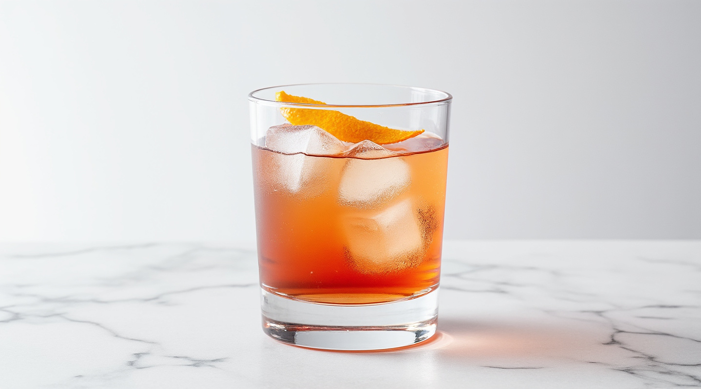 Velvet Touch cocktail in a chilled Nick & Nora glass with an orange zest garnish
