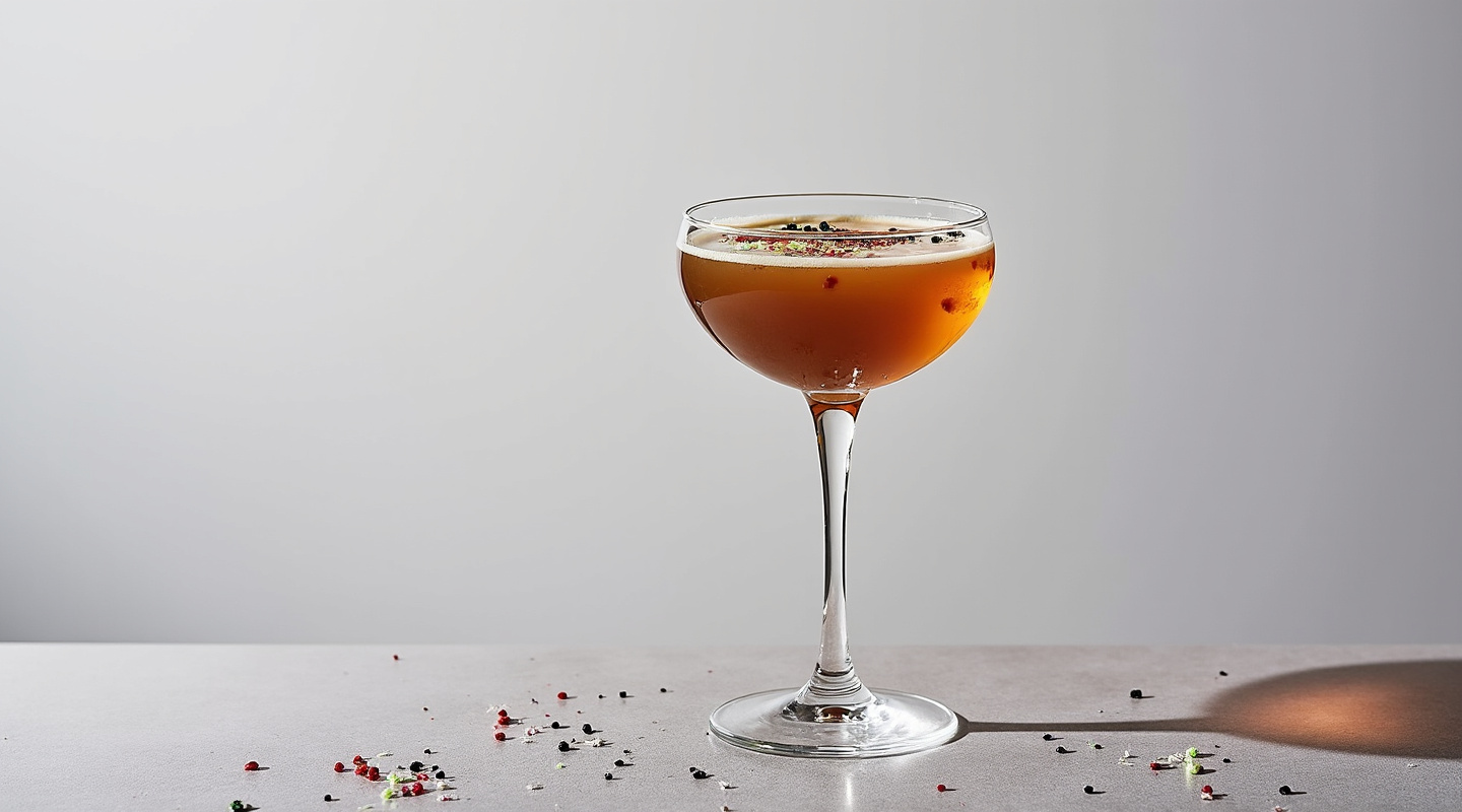 Espress Ya'self cocktail in a coupe glass garnished with edible glitter