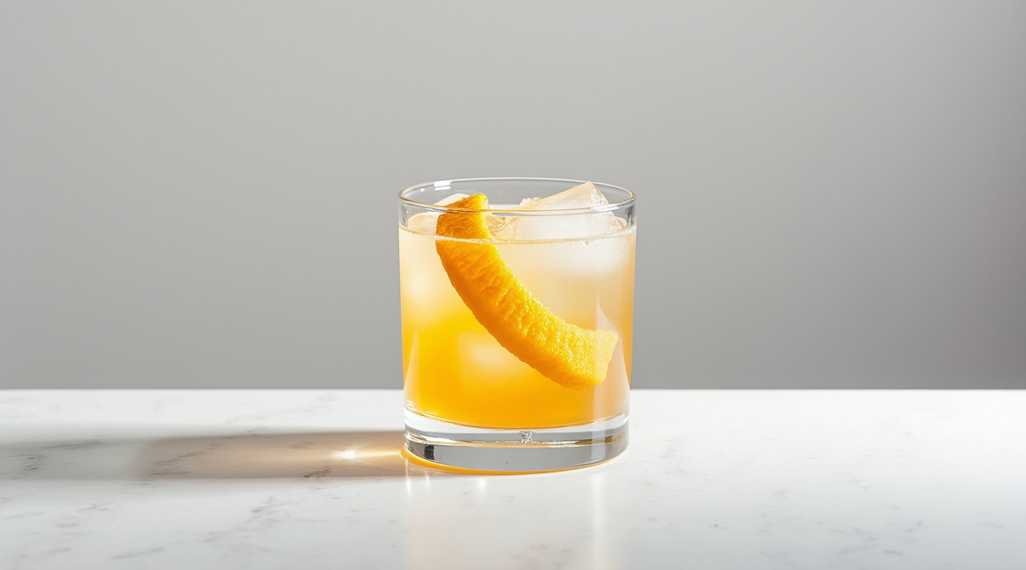 Añogo cocktail served in an old-fashioned glass with an orange twist garnish