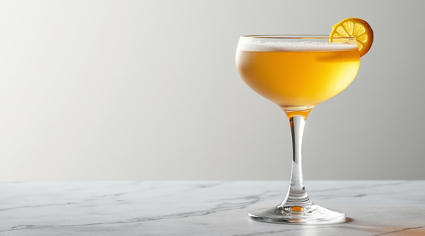 Matador cocktail served in a Coupe glass with a lemon zest twist garnish