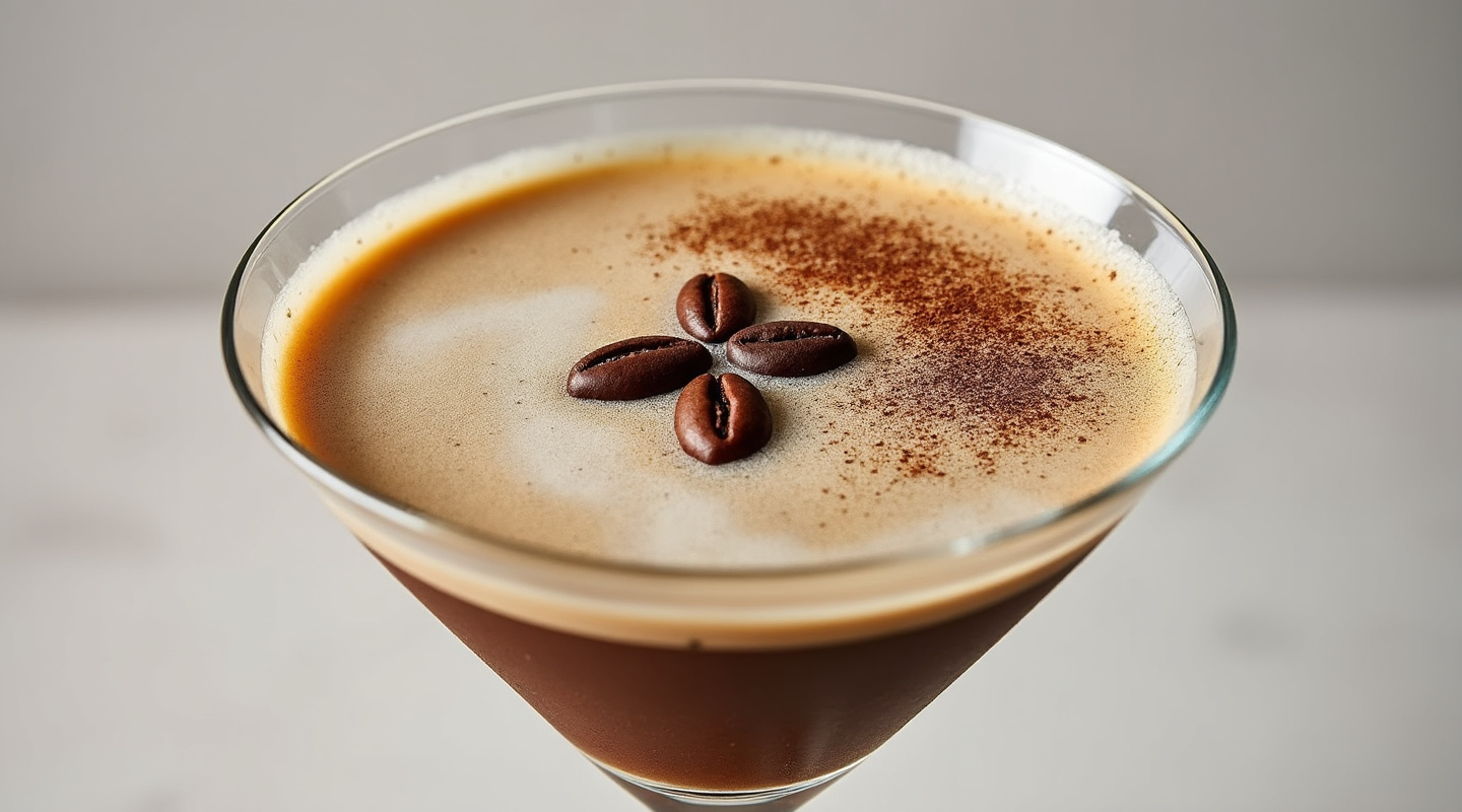 A Vanilla Mocha Espresso Martini in a pre-chilled Martini glass, garnished with three coffee beans.