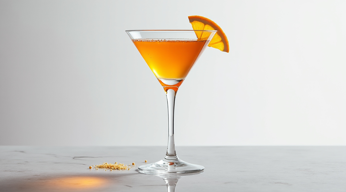 Jaded Lady Cocktail with swirling hues of blue and gold served in a martini glass.