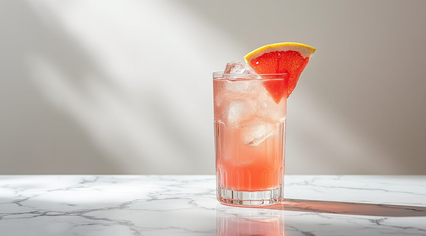 Frenchie cocktail served in a Collins glass with a grapefruit wedge garnish