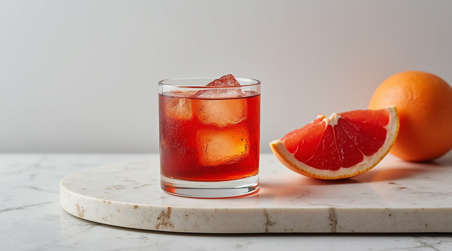 Amer Negroni in an Old Fashioned glass with grapefruit garnish