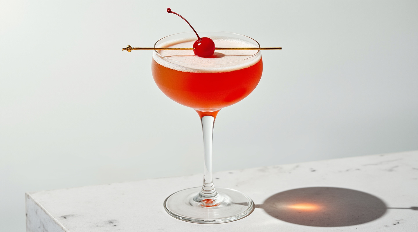 A view of a Written Word cocktail served in a coupe glass, garnished with a maraschino cherry.