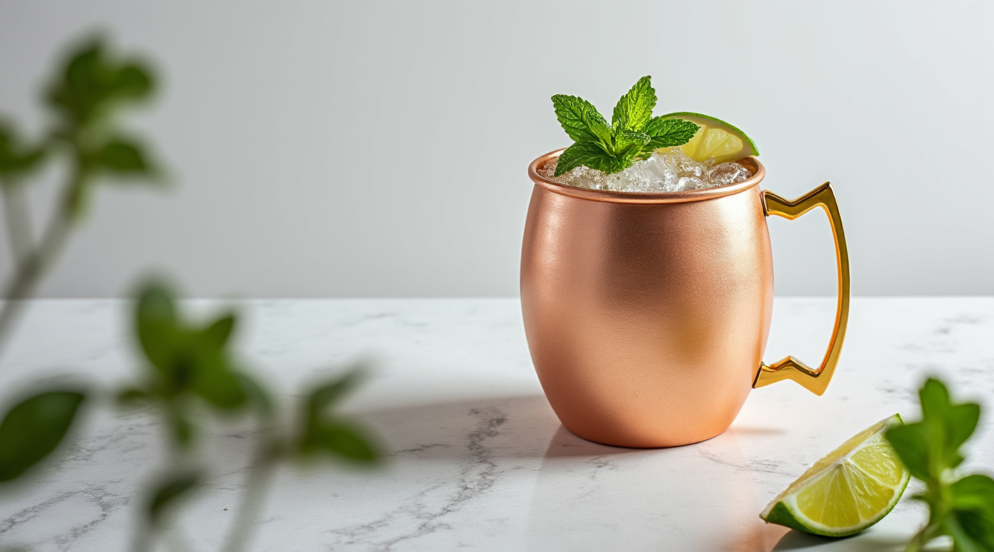 Bourbon Mule in a copper mug with mint and lime garnish