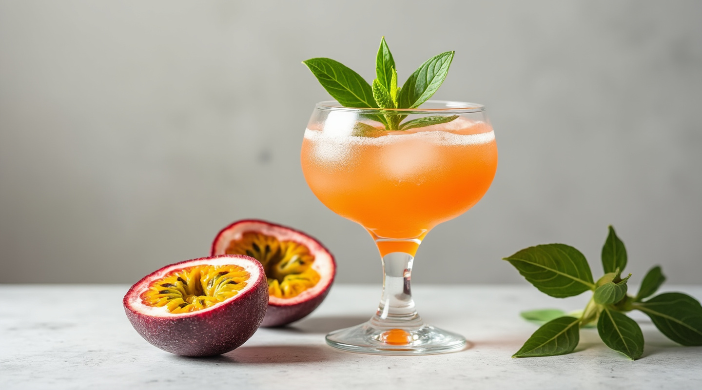 A glass of Passion Fruit Sangria garnished with a passion fruit half