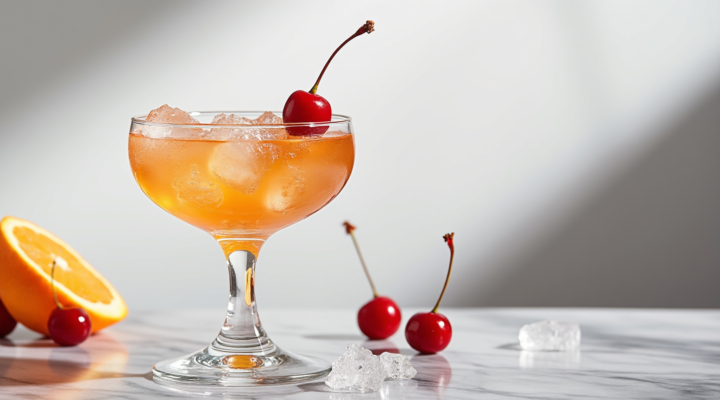 A Skipper cocktail served in a glass with crushed ice and garnished with a cherry