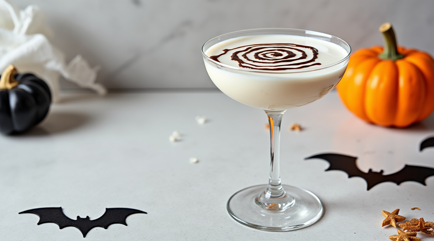 Spooky Tini cocktail in a coupe glass with chocolate web garnishing