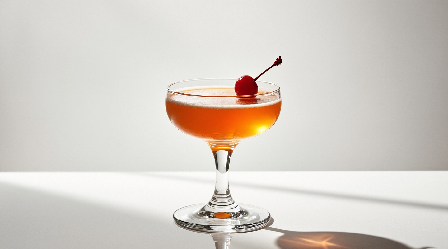 1919 cocktail in a coupe glass garnished with cherry