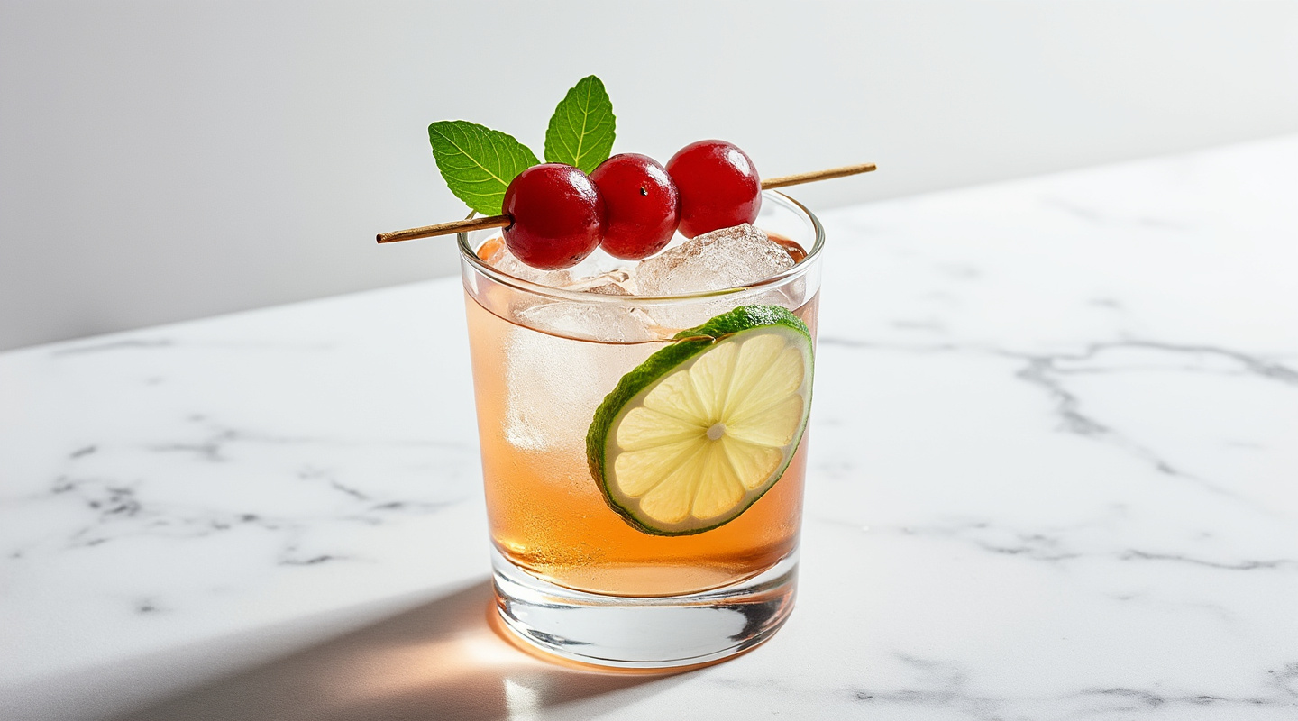 A glass of Transfusion cocktail garnished with red grapes