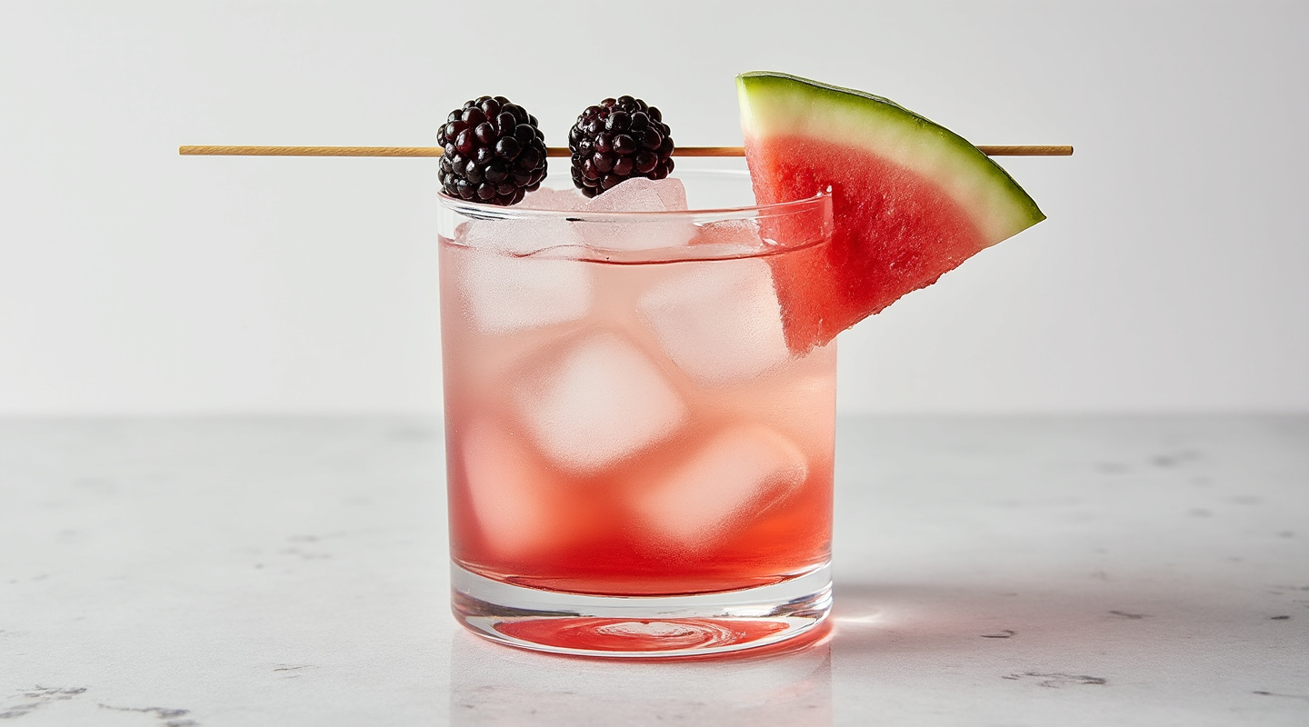 Alice in Wonderland cocktail in a Collins glass with a skewer of blackberries.