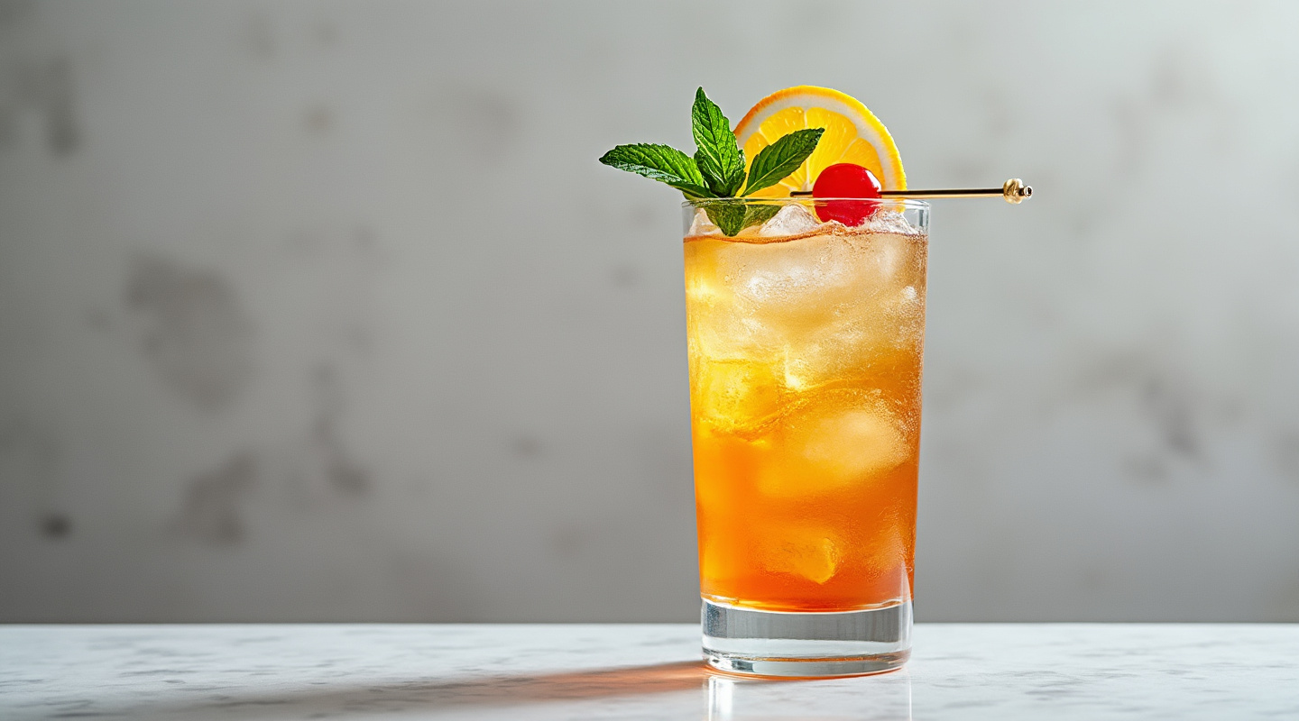 Image of Premiere Mai Tai cocktail served in a Poco grande glass, garnished with mint, orchid, orange slice, and maraschino cherry.