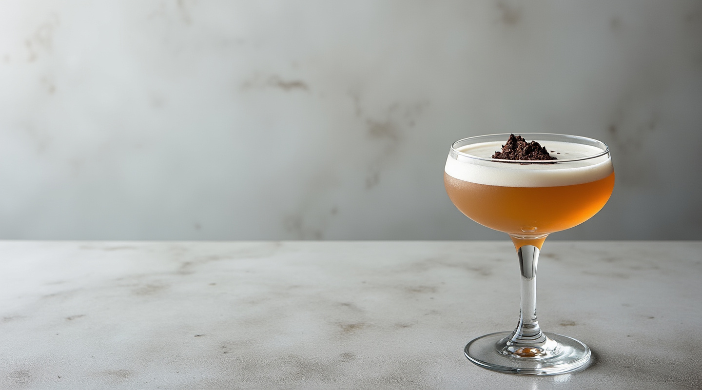 Casanova cocktail in a coupe glass with a chocolate garnish