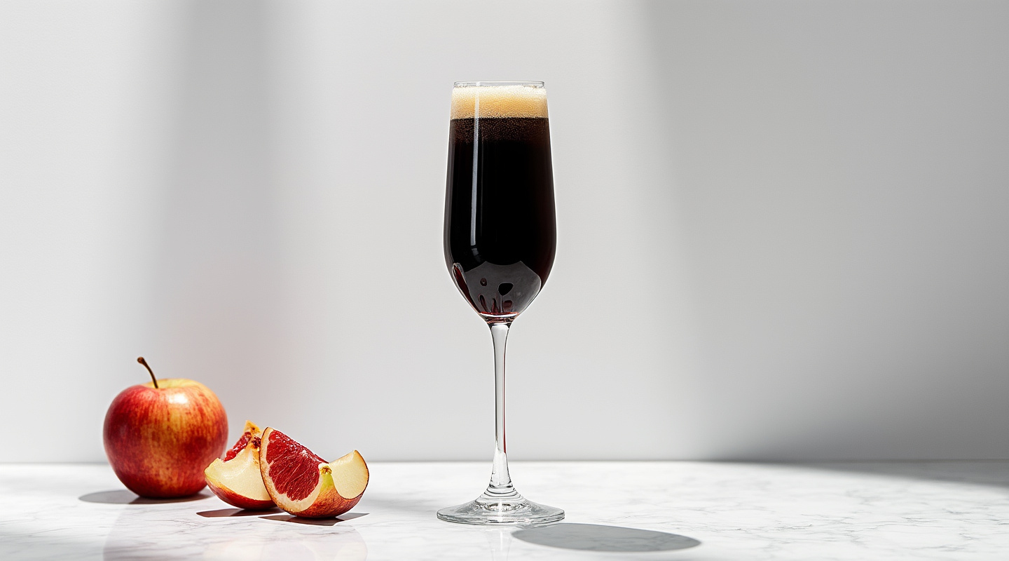 A glass filled with Black & Velvet cocktail, showcasing the distinct layers of cider and stout.
