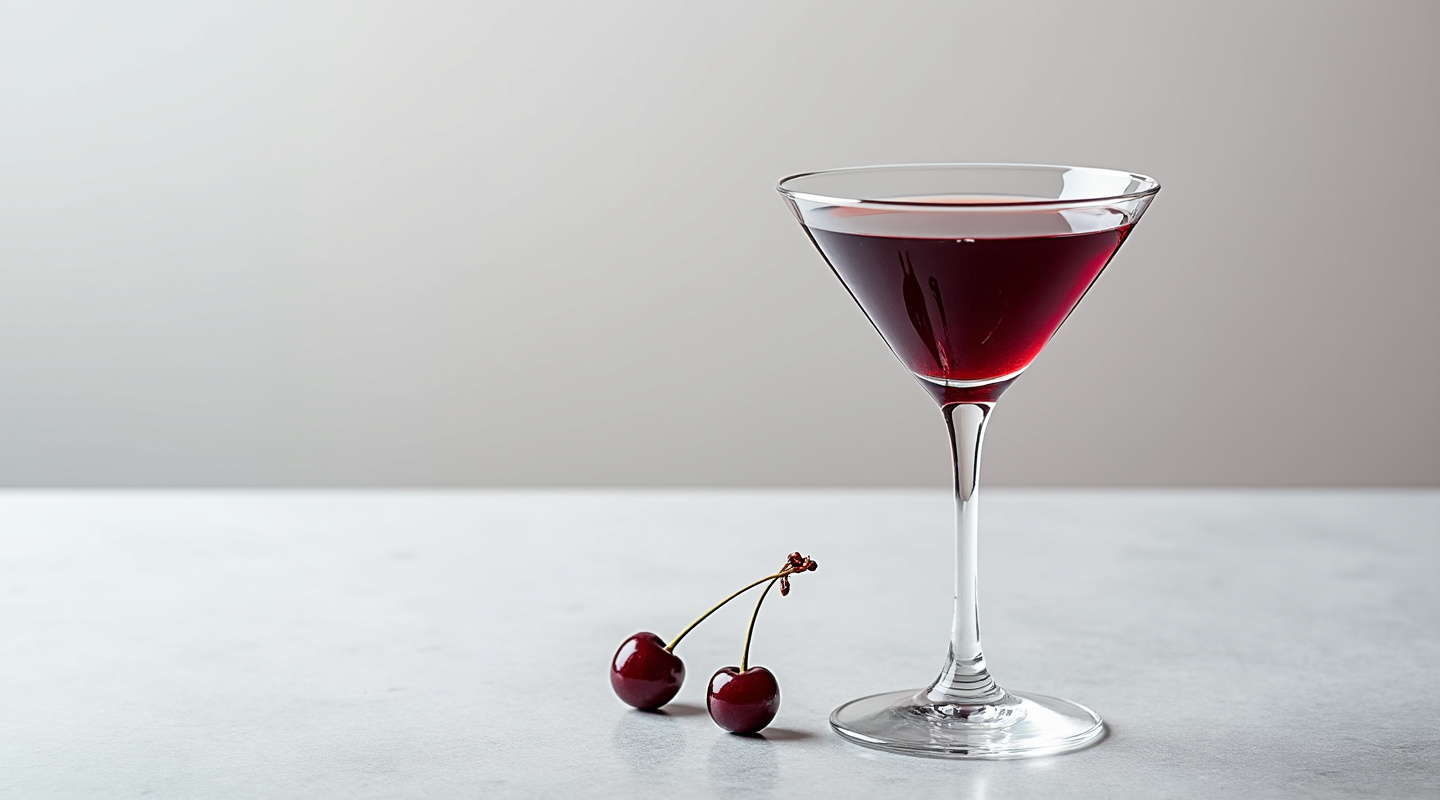 Black Cherry Cocktail in a Martini glass with a maraschino cherry