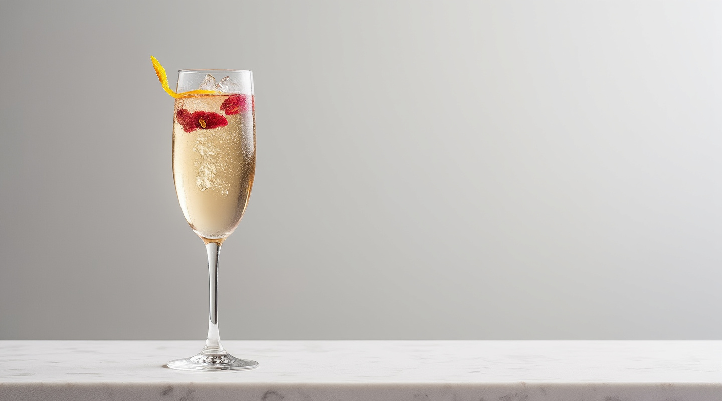 A sophisticated cocktail in a flute glass, elegantly garnished with a rose petal or lemon zest twist