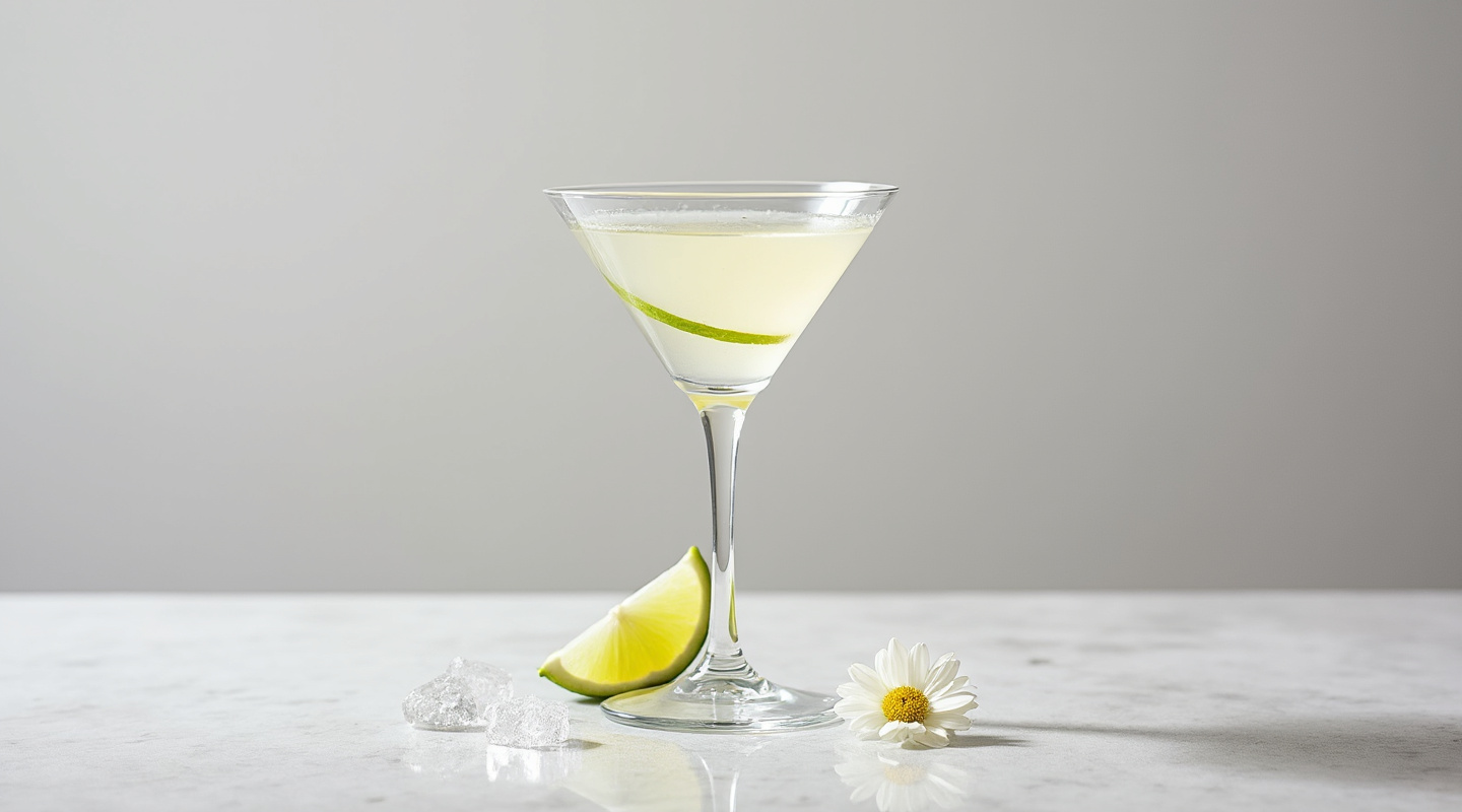 A clear martini glass holding a transparent cocktail, garnished with a lime zest.