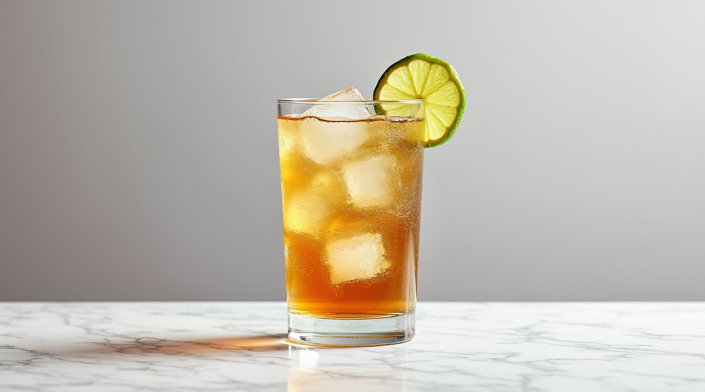 A glass of Kentucky Tea cocktail garnished with a lime wedge