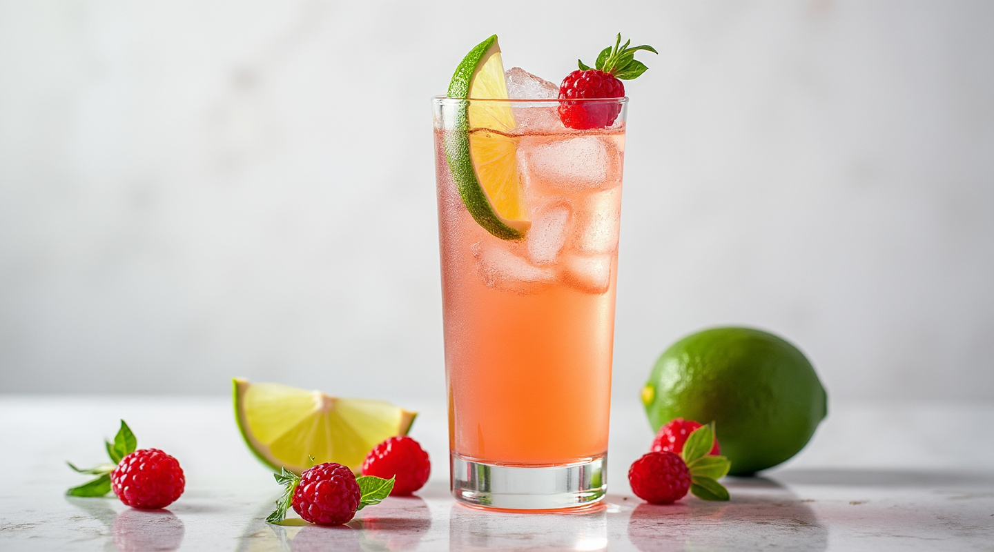 A vibrant red Killer Punch cocktail in a Collins glass garnished with a lime wedge.