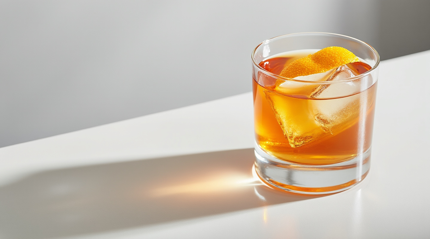 A Maple Old Fashioned cocktail garnished with an orange zest twist