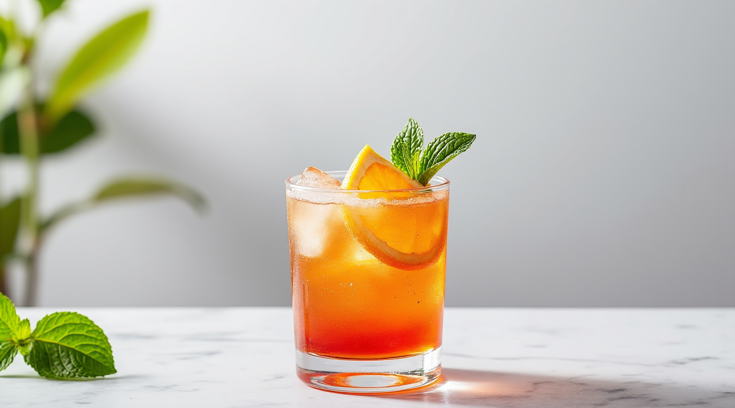 A refreshing Plantation Punch cocktail served in a collins glass with an orange slice and mint sprig garnish.