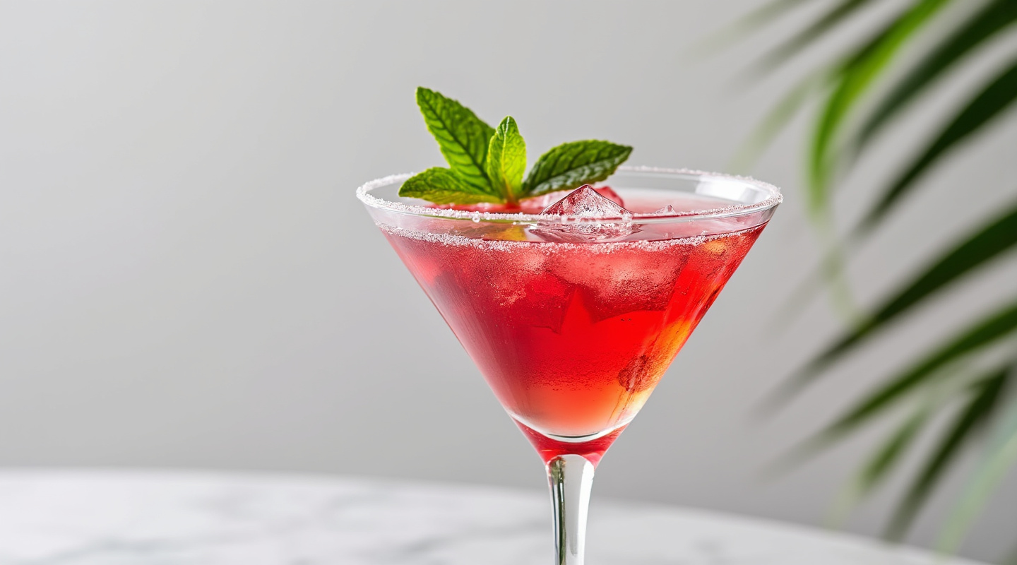 Razzmatazz cocktail in a martini glass garnished with mint