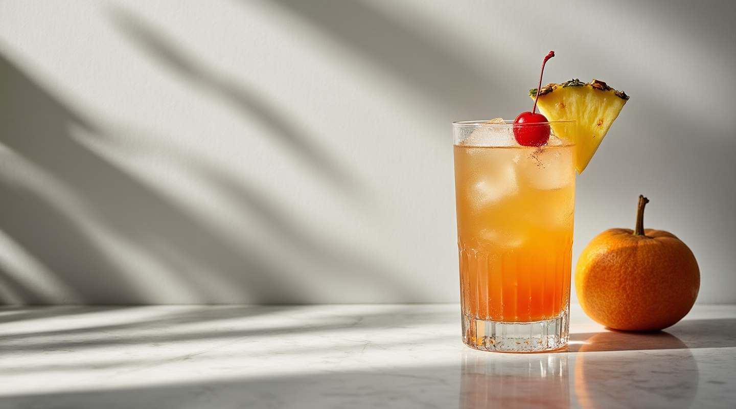 Saigon Sling in a Sling glass garnished with a pineapple wedge and a cherry
