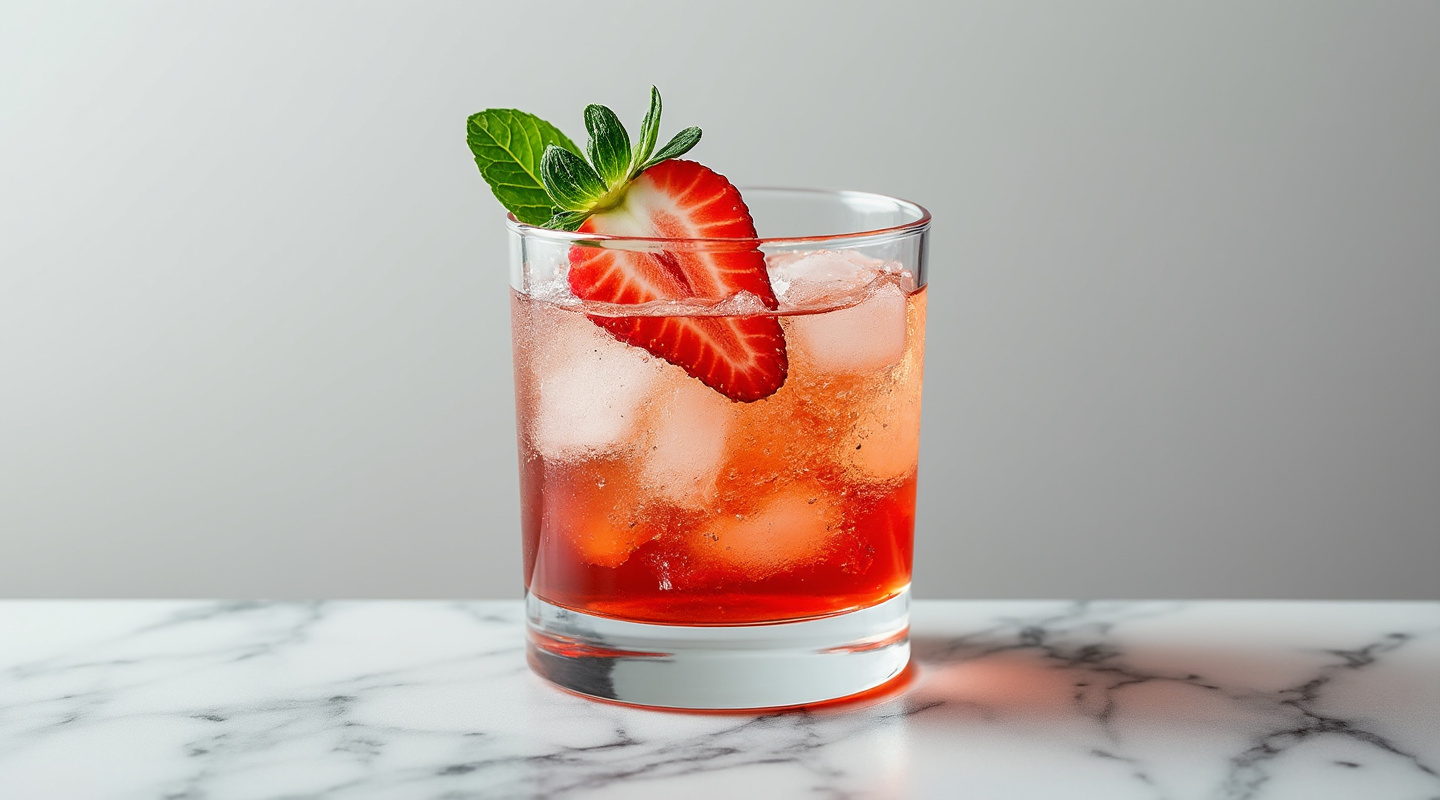 Strawberry & Balsamic Mojito served in a glass with strawberries and mint