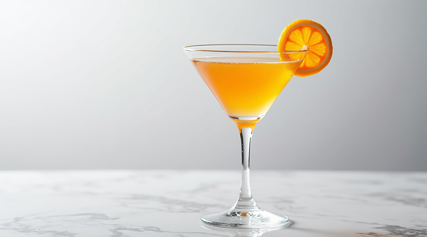 Bobby De Niro cocktail served in a martini glass garnished with an apricot slice