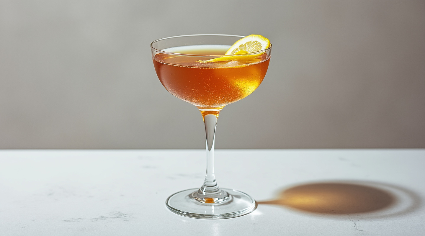 Bronze Adonis cocktail served in a chilled martini glass with a lemon zest twist garnish.