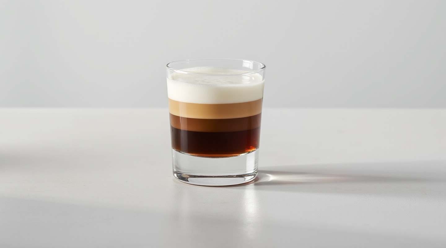 A layered shooter glass filled with K.G.B. cocktail