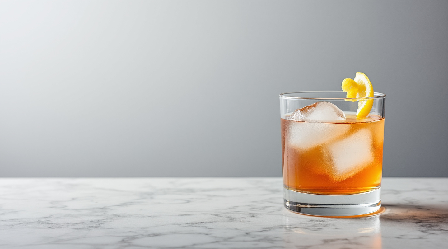 Padovani cocktail served in an old-fashioned glass with a lemon zest twist garnish
