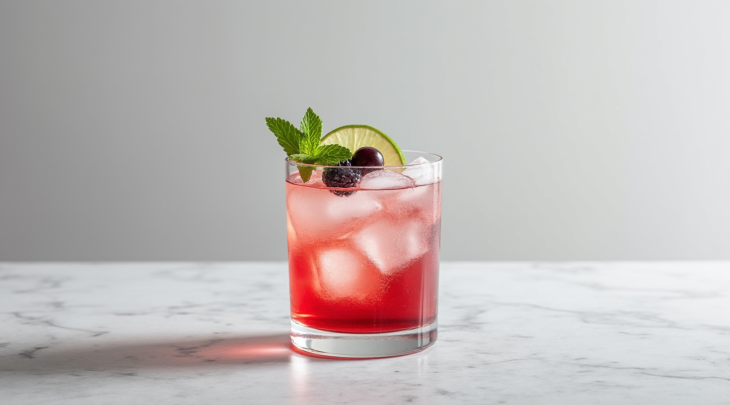 A vibrant Grand Berry cocktail with lime wedge and berries
