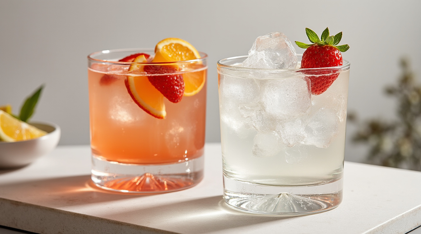 Grand Espirit cocktail served in a Collins glass, garnished with orange and strawberry slices.