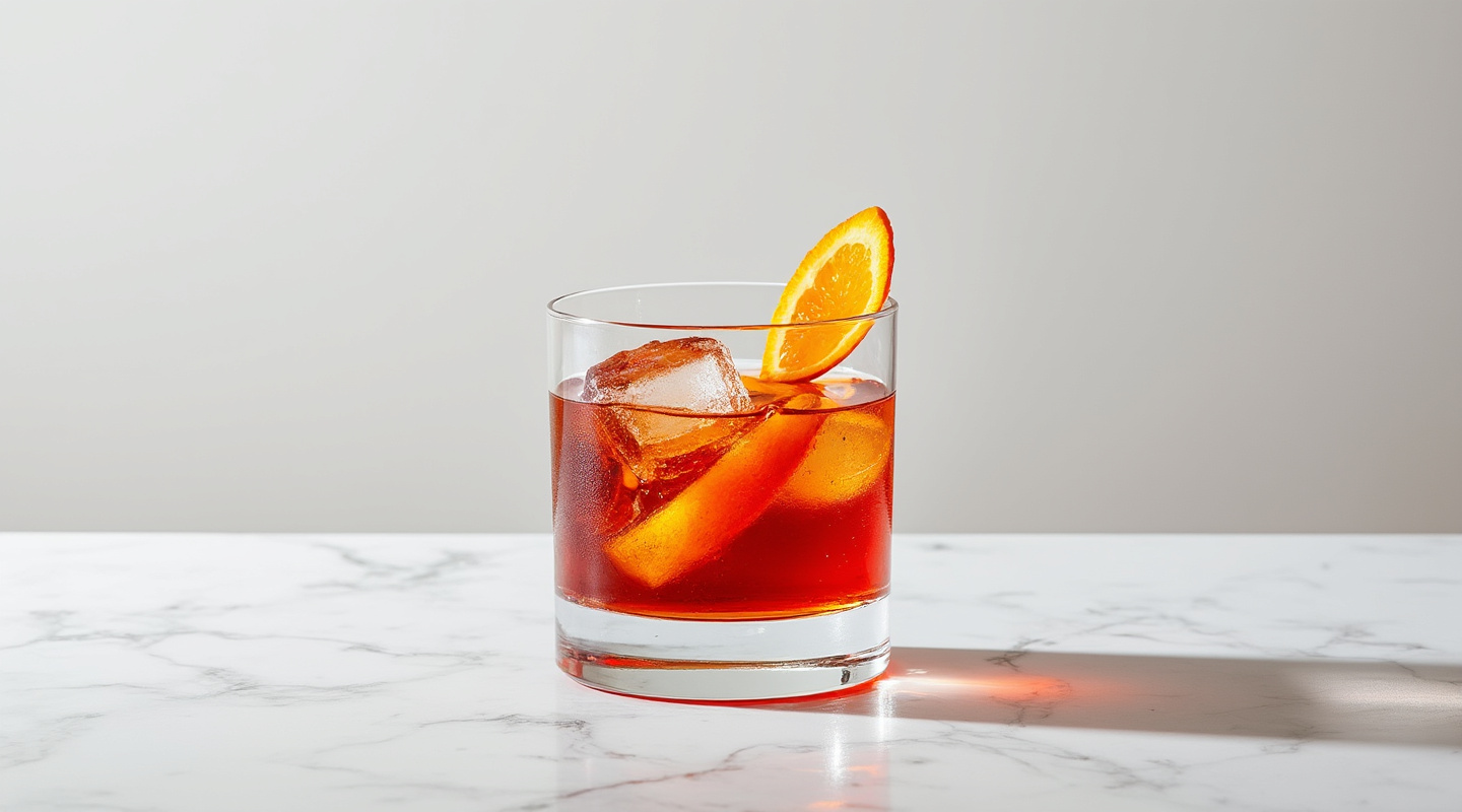 Unusual Negroni cocktail in a glass with an orange zest twist
