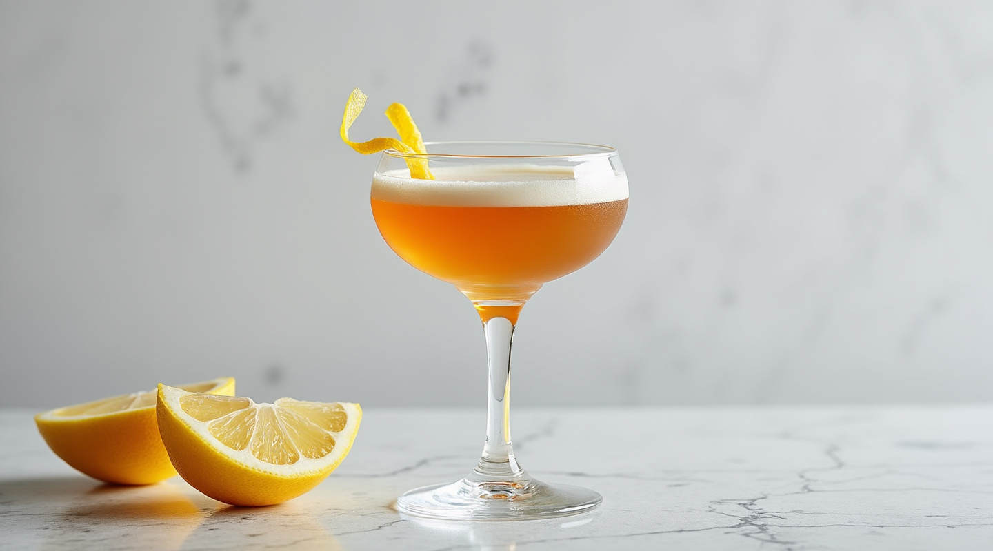 Amber Nectar in a coupe glass with a lemon twist garnish