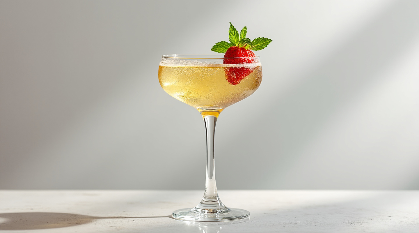 A bubbly cocktail with a mint-garnished strawberry