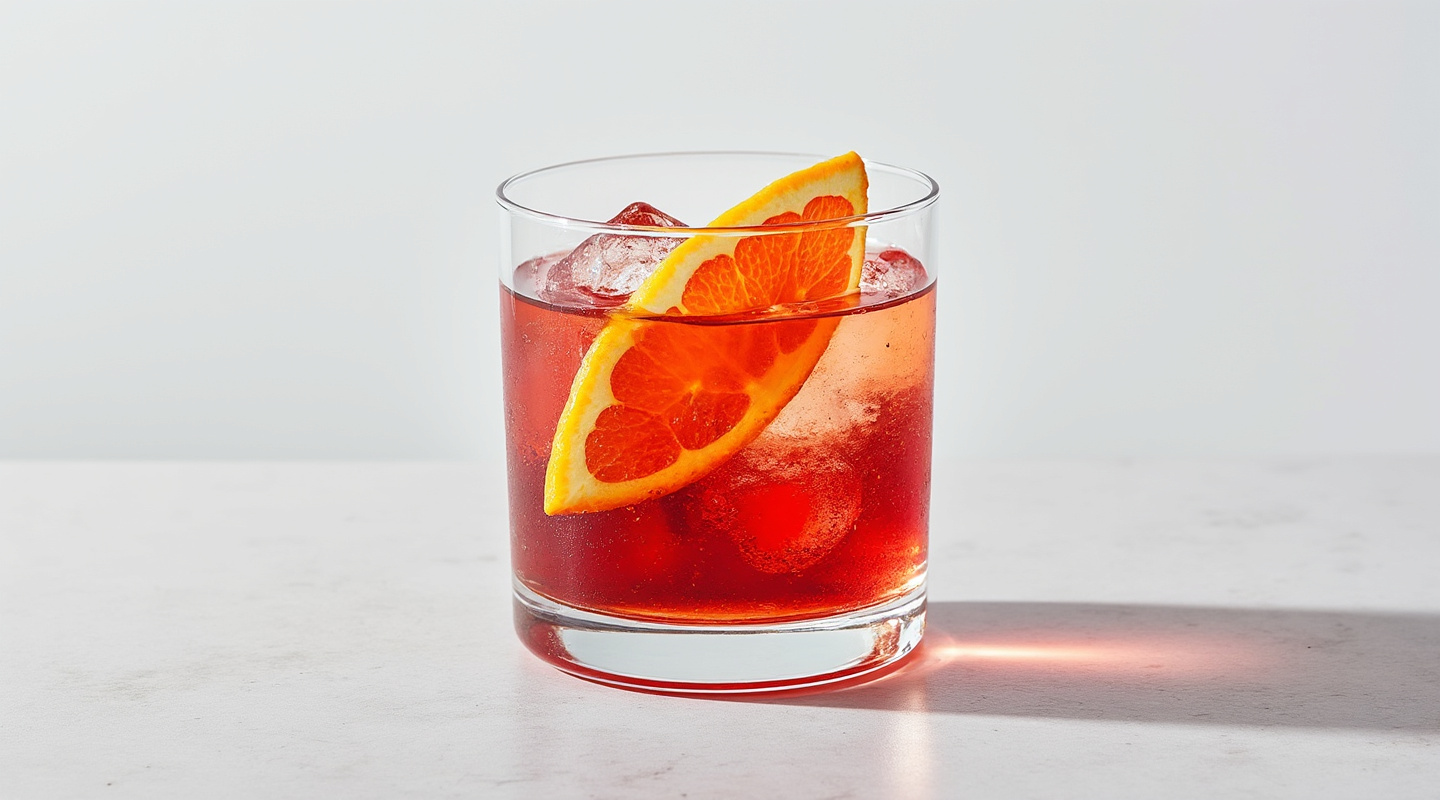 Bloody Negroni in a glass garnished with a blood orange slice