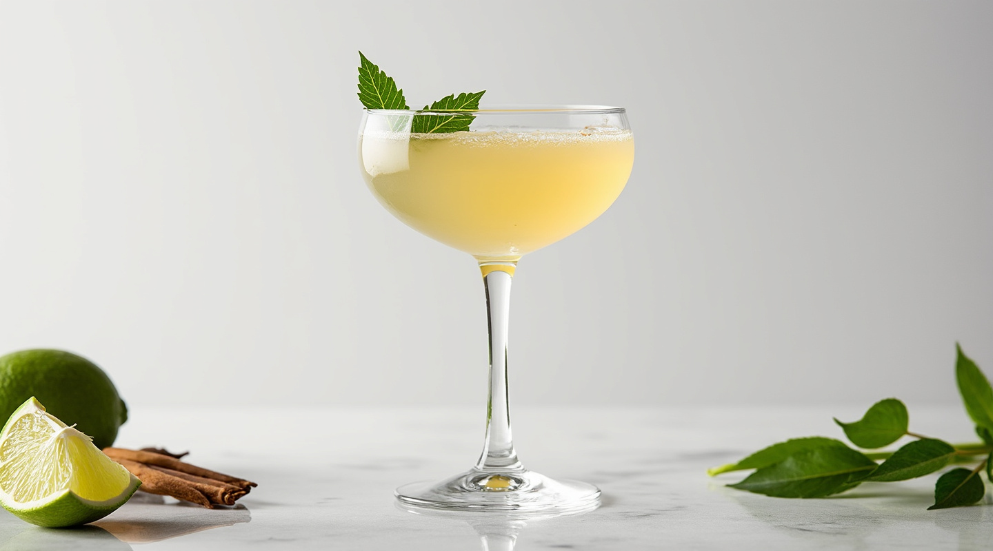Preserve Nippon cocktail in a coupe glass garnished with a shiso leaf