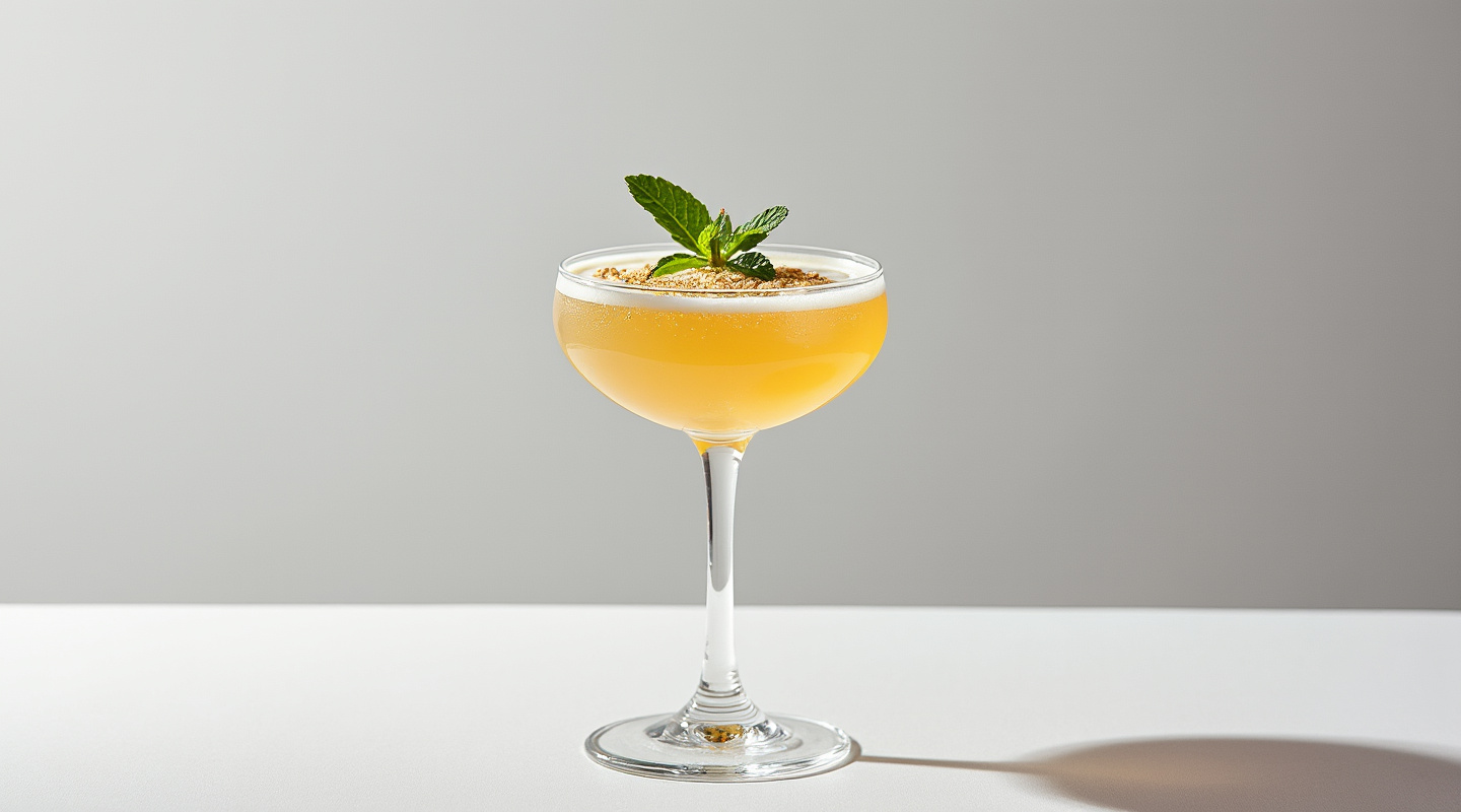 Chanteloup Champagne Flip cocktail in a flute glass garnished with mint sprig
