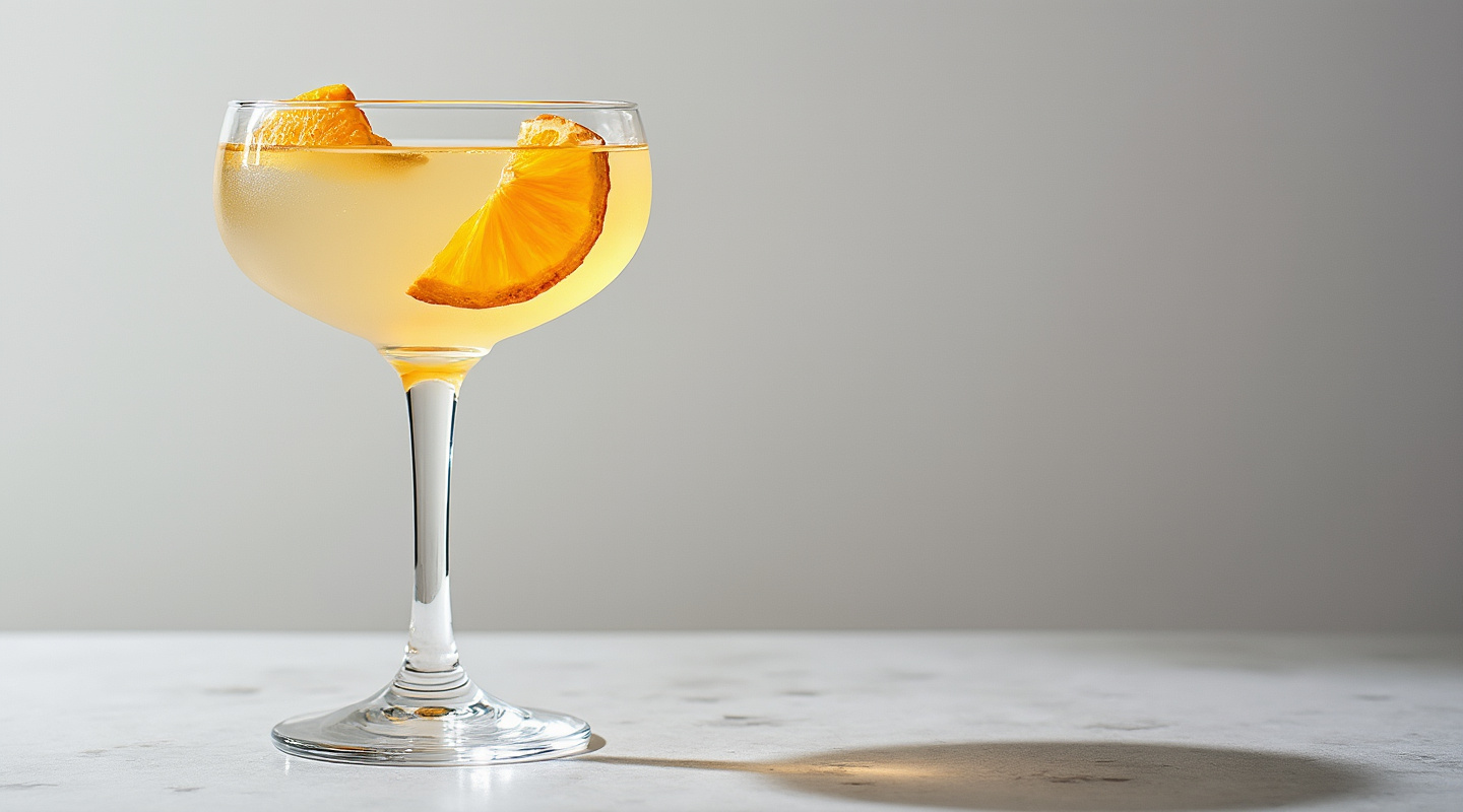 Visionario cocktail in a coupe glass with garnishes.