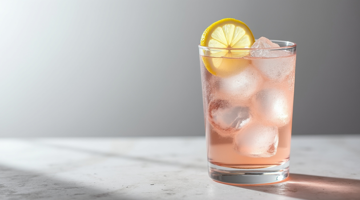A glass of The Moment cocktail garnished with a lemon slice.