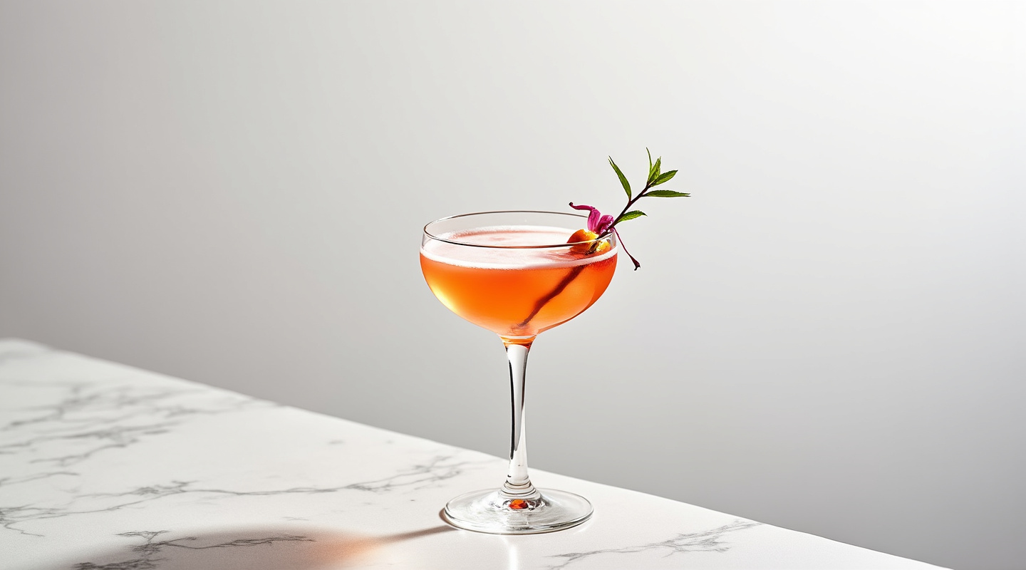 Glass containing a Devil Woman cocktail with a Hibiscus pickled onion garnish.