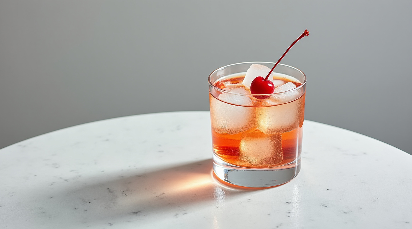 Fruity Godchild cocktail served in a glass with a Luxardo Maraschino Cherry garnish
