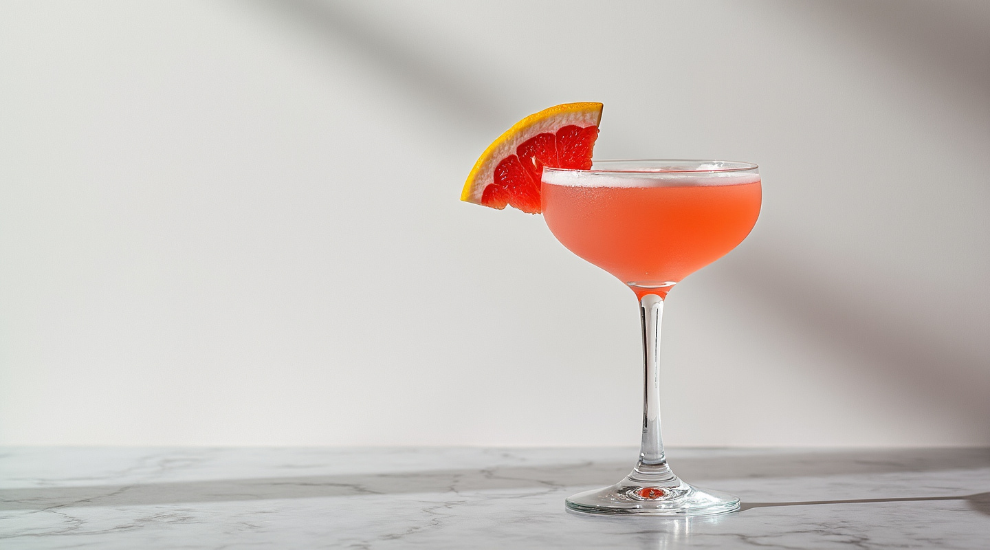 Isla de Piño cocktail served in a coupe glass with a grapefruit wedge garnish