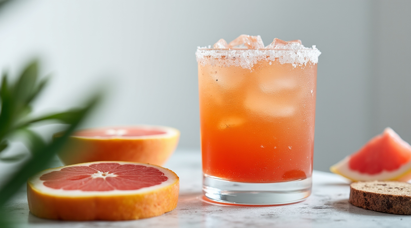 Paloma Negra cocktail in a Collins glass with a salt rim